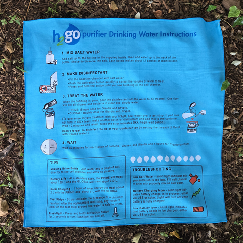 Survival bandana showing H2gO Water Purifier instructions